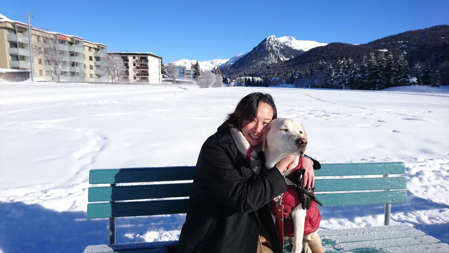 K9 Assistance Executive Director and her Assistance Dog - Elke, sitting on a bench in a snowy terrain